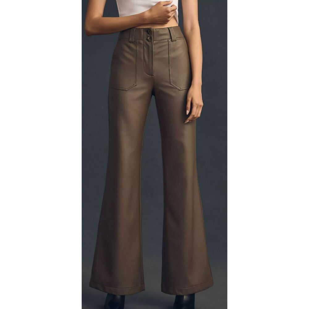 Anthropologie Maeve The Naomi Vegan Leather Wide Leg Flare Pants Taupe Gray Size - Picture 3 of 6